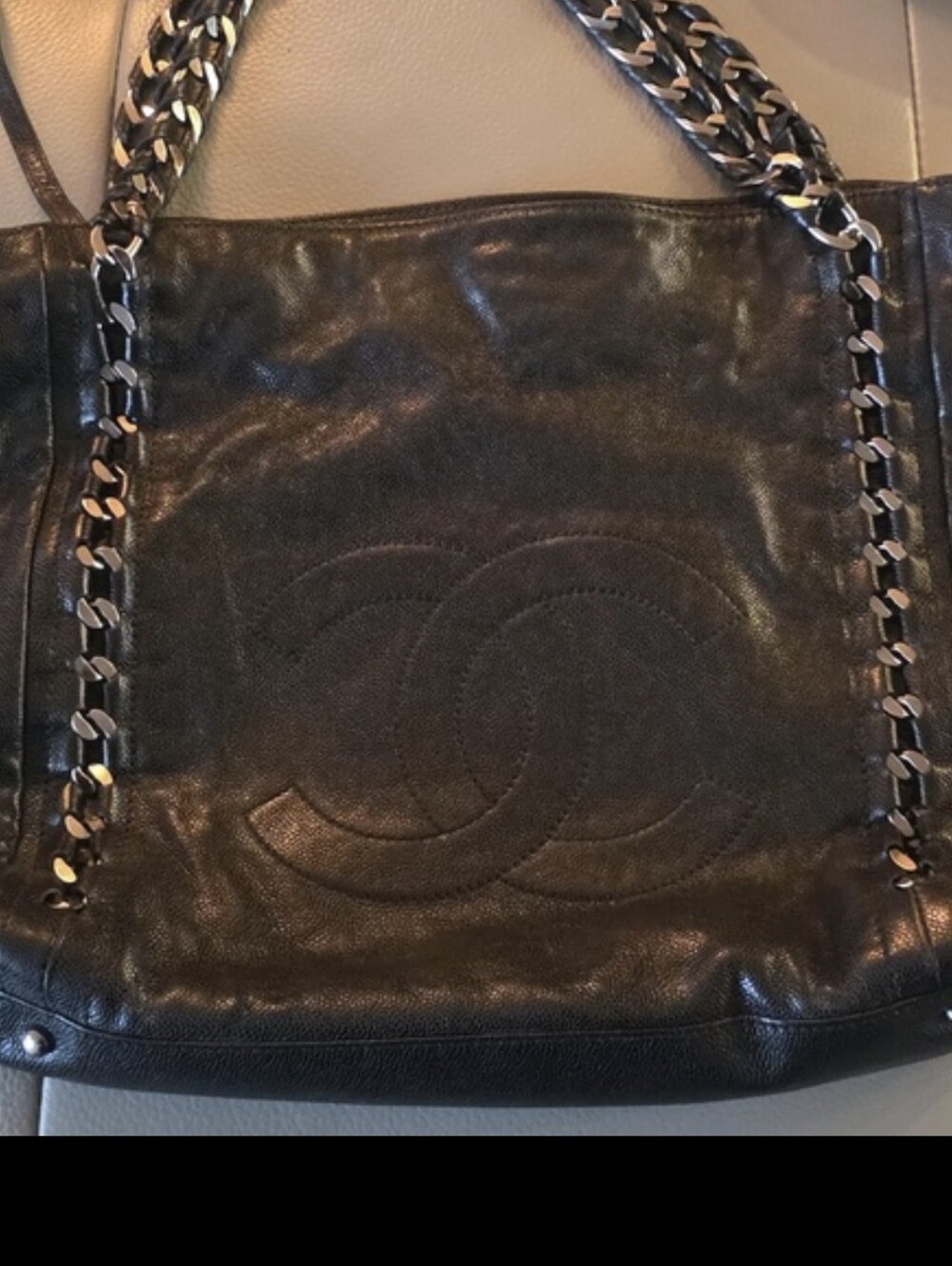 CHANEL Authentic East West Chain Tote Black Caviar Leather EUC